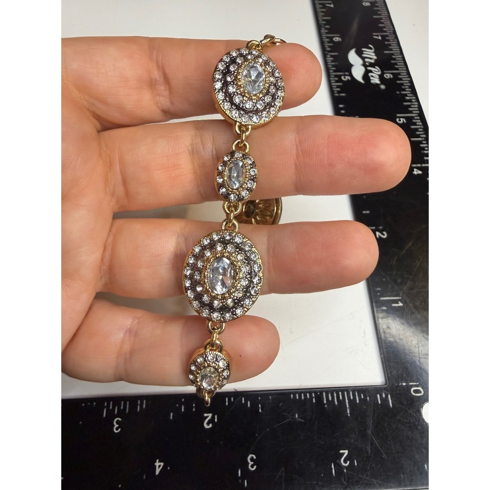 Chicos Gold Tone Crystal Medallion Sunburst Link Bracelet Statement Jewelry